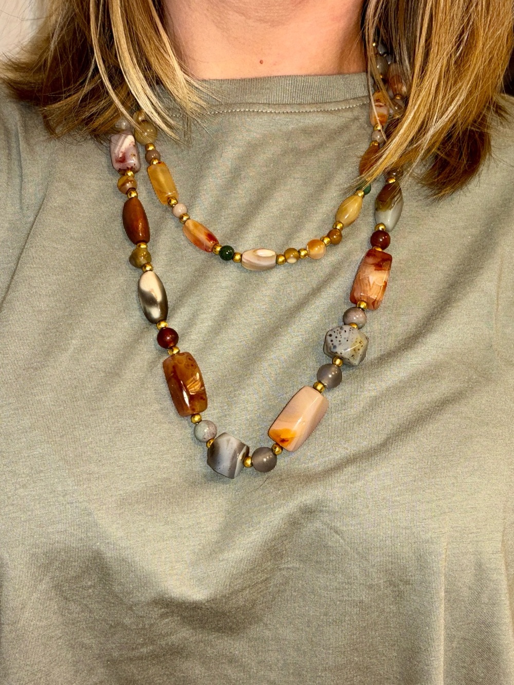 1970s Semi Precious Stone Beggar Bead 46 Inch Necklace